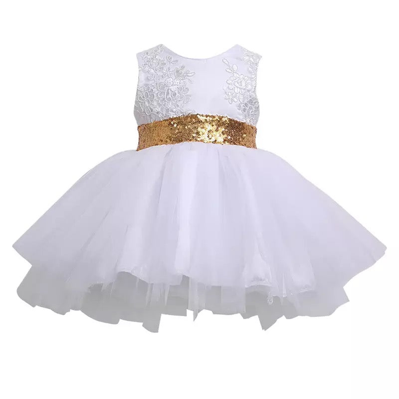 Girls Toddler White Sequin Belt Tulle Dress (Age 6M-10yrs) White