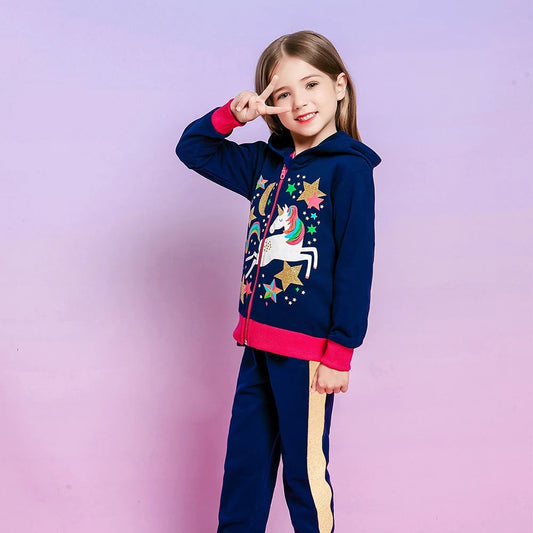 Girl Navy Unicorn Hooded Sweatshirt & Trousers Tracksuit (Age 3-12YRS)