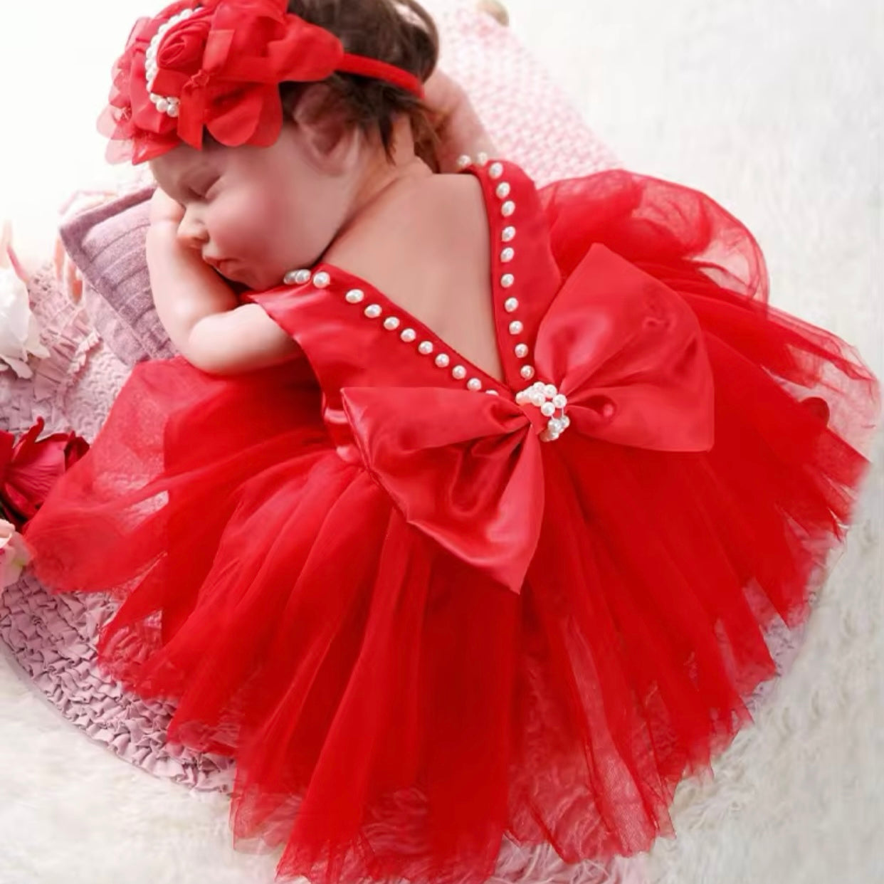 Baby Girls Red Pearl Embellished Photography Dress (Age Newborn - 3 Month)