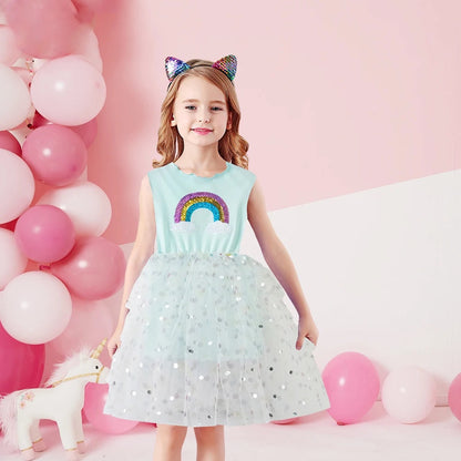 Girls Blue Sequin Rainbow Dress (Age 3-10YRS)