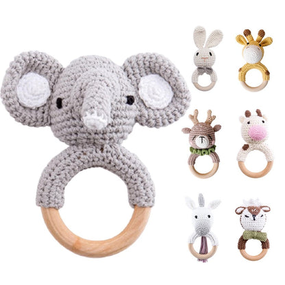 Baby Wooden Animal Teether Ring Rattle