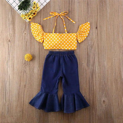 Girls Yellow Top & Bell Bottom Jeans Set (Age 24M-5YRS)