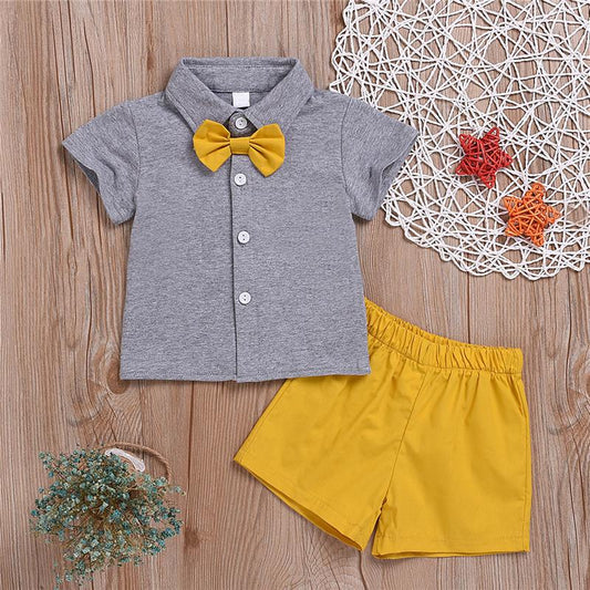 Boys Toddler Grey Shirt & Yellow Shorts with Dickie Bow (Age 6m-8yrs) Multi