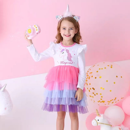 Girls White Multi Unicorn Layered Tulle Dress (Age 3Y-8Y) White