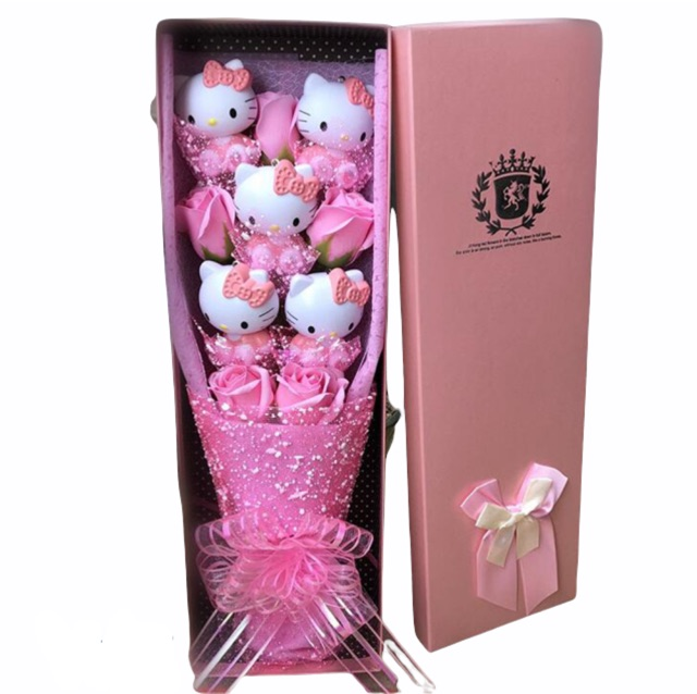 Miss Kitty Figurines Flower Gift Bouquet With Gift Box Pink