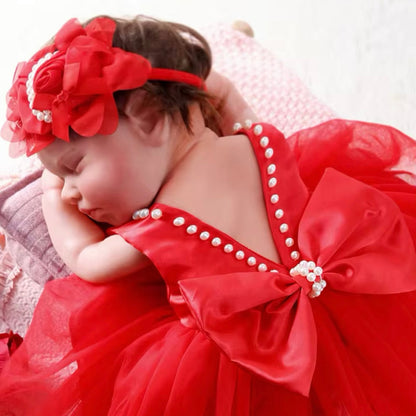 Baby Girls Red Pearl Embellished Photography Dress (Age Newborn - 3 Month)