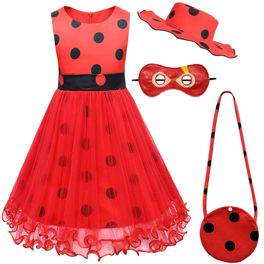 Girls Ladybug Dress Bag & Hat Costume (Age 3-10YRS)