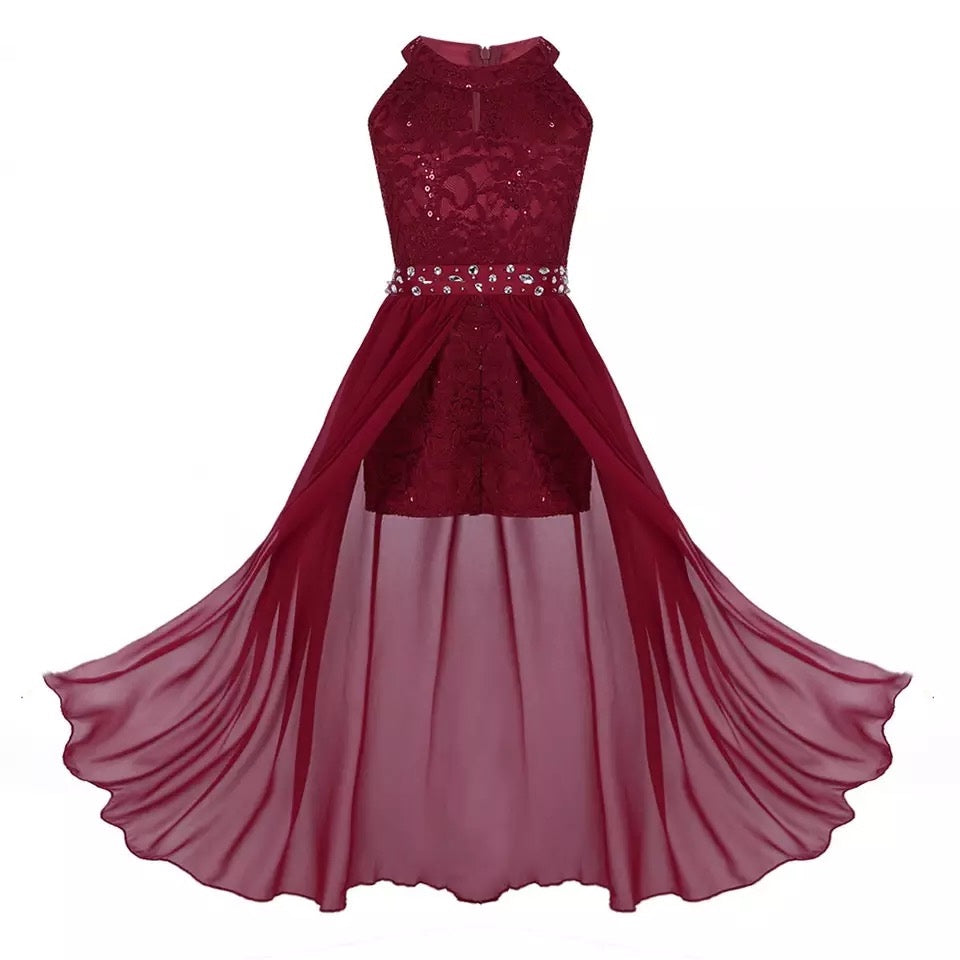 Girls Lace Chiffon Sequin Dipped Hem Dress (Age 6-14yrs) Burgundy