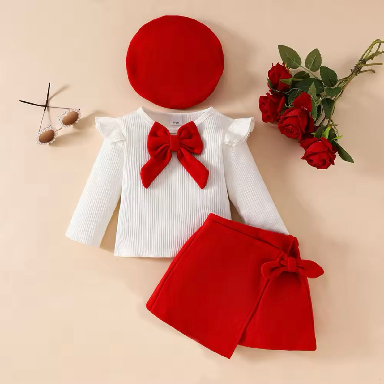 Baby/Toddler Bow Top & Skirt & Beret Hat (Age 6M-3YRS)