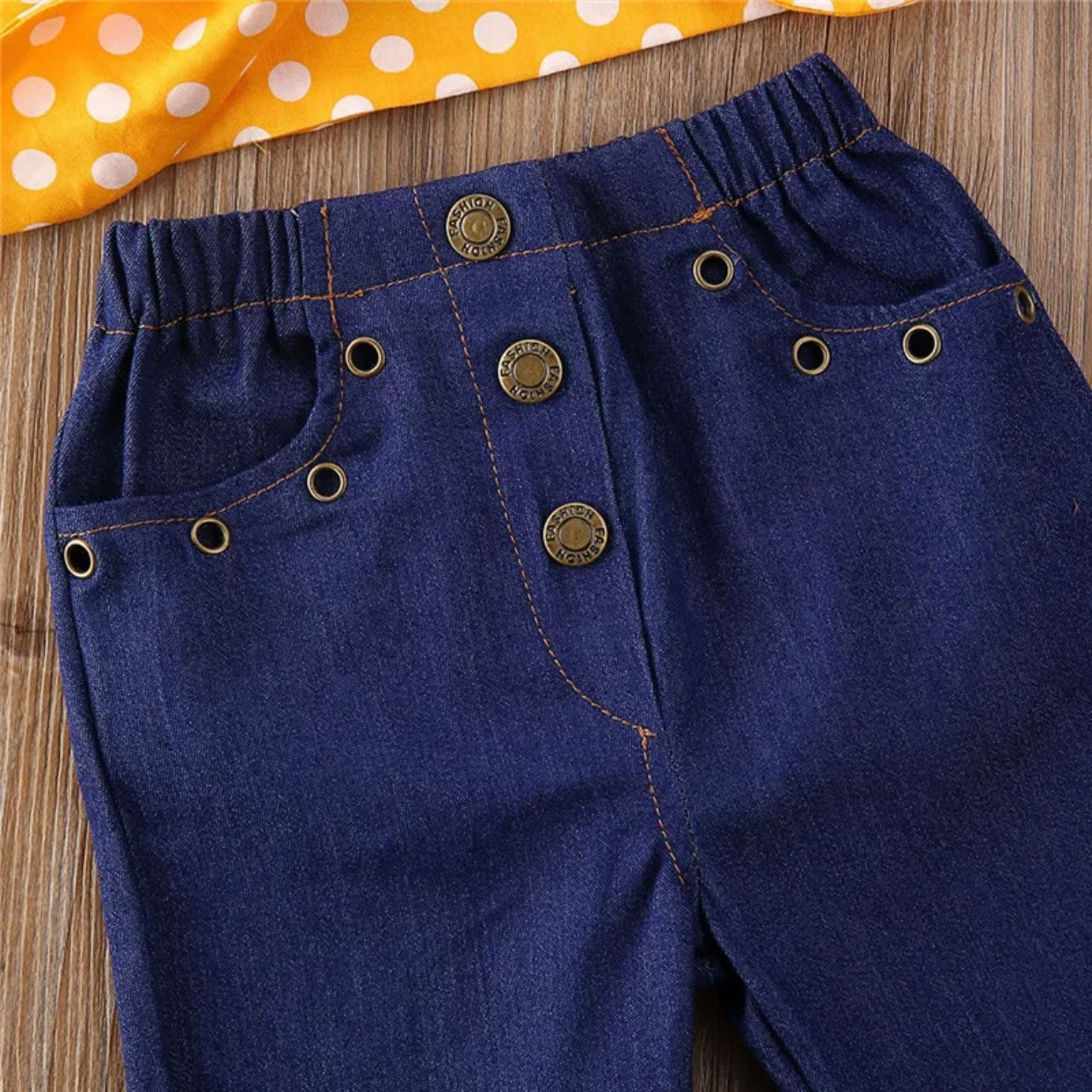 Girls Yellow Top & Bell Bottom Jeans Set (Age 24M-5YRS)