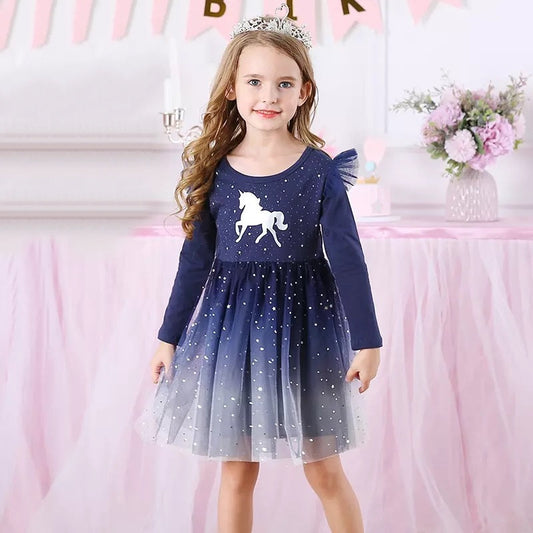 Girls Navy & Silver Unicorn Tulle Dress (Age 3Y-8Y) Navy