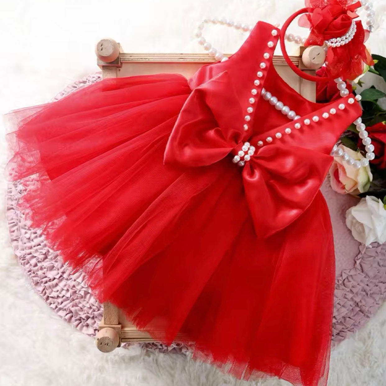 Baby Girls Red Pearl Embellished Photography Dress (Age Newborn - 3 Month)