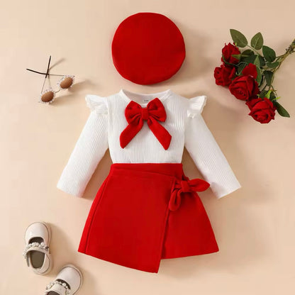 Baby/Toddler Bow Top & Skirt & Beret Hat (Age 6M-3YRS)