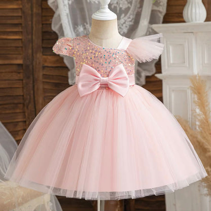 Girls Bow Sequin Tulle Dress (Age 9M-5YRS)