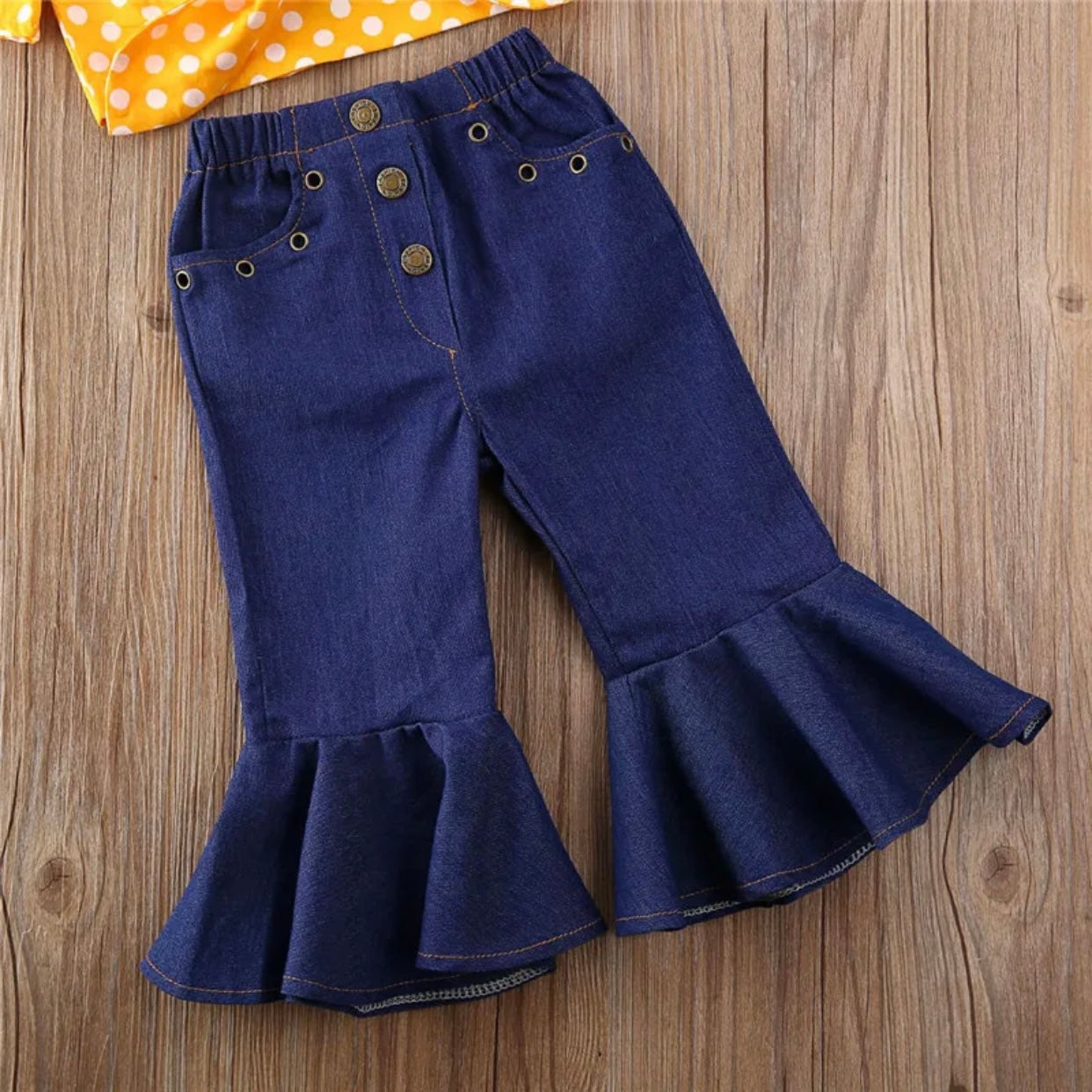 Girls Yellow Top & Bell Bottom Jeans Set (Age 24M-5YRS)