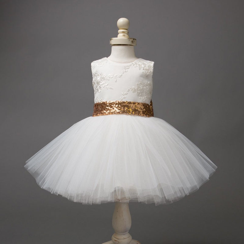 Girls Toddler White Sequin Belt Tulle Dress (Age 6M-10yrs)