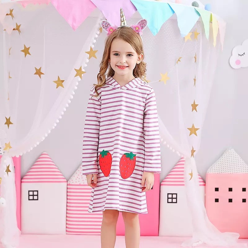 Girls Pink Stripe Strawberry Hooded Dress (Age 3Y-8Y) Pink