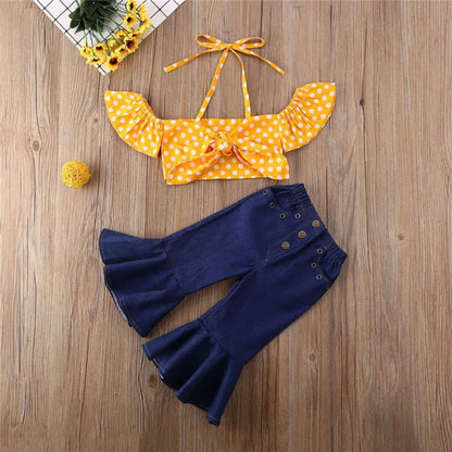 Girls Yellow Top & Bell Bottom Jeans Set (Age 24M-5YRS)