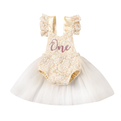 Baby One Year Birthday Lace Tulle Romper (Age 6M-24M) Gold