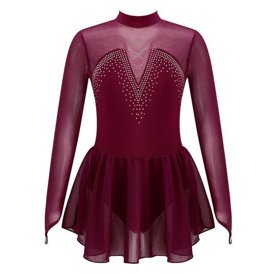 Girls Long Mesh Sleeve Rhinestone Embellished Leotard (Age 6-14YRS) Burgundy