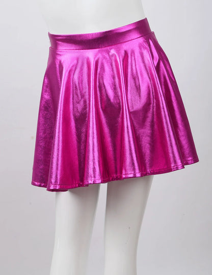 Girls Glossy Metallic Flared Pleated A-Line Miniskirt (Age 6-12 YRS)