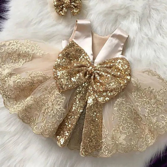 Girls Gold Sequin Bow Embroidered Dress (Age 9M-5YRS)