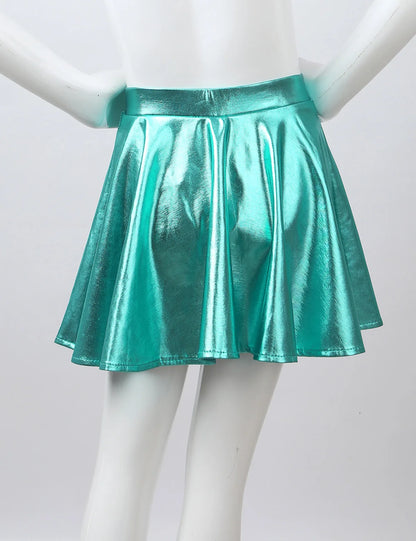 Girls Glossy Metallic Flared Pleated A-Line Miniskirt (Age 6-12 YRS)