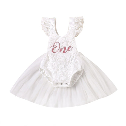 Baby One Year Birthday Lace Tulle Romper (Age 6M-24M) White