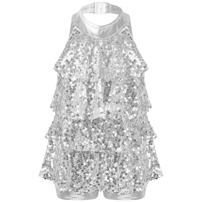 Girls Sequin Unitard Playsuit (Age 6-14 YRS) Silver