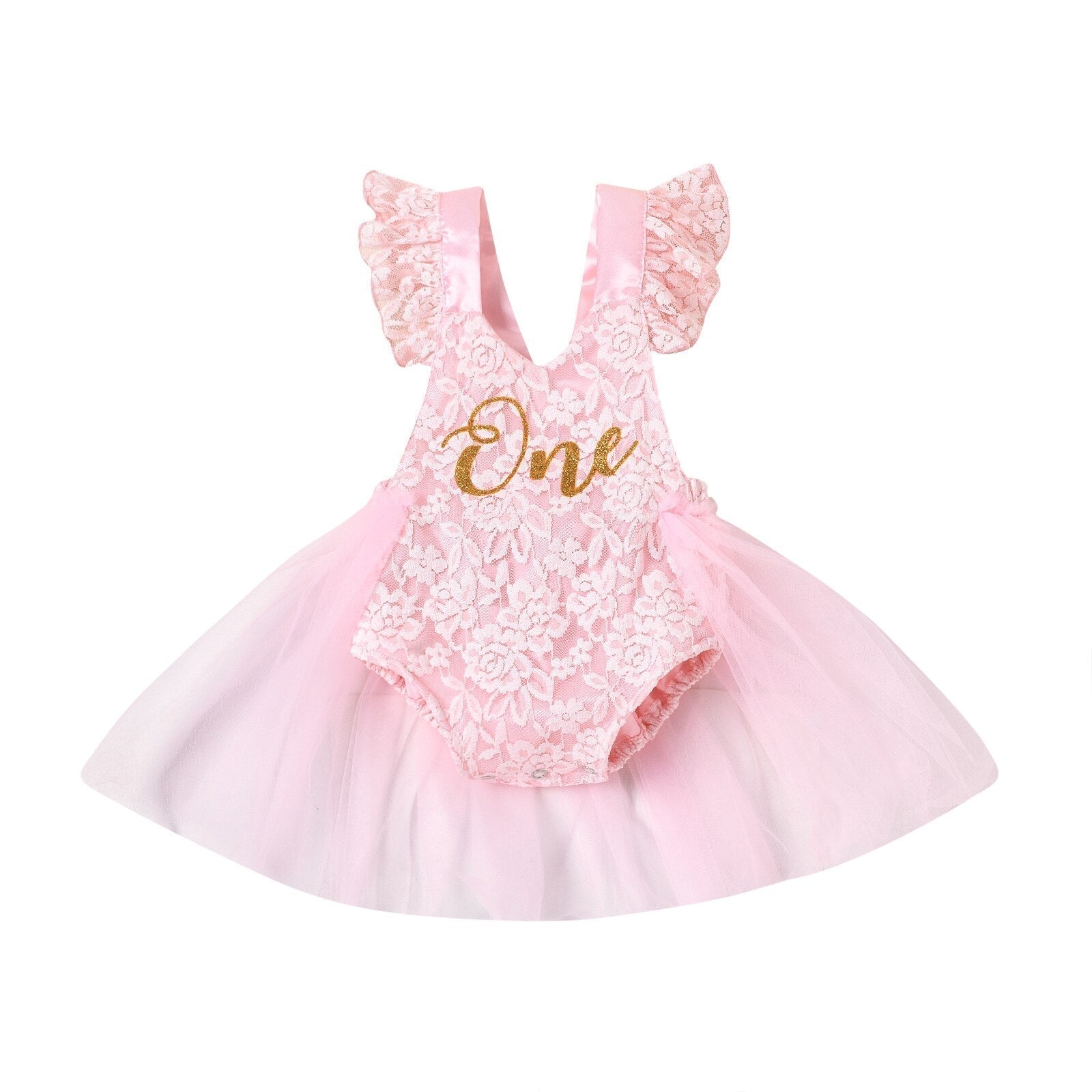 Baby One Year Birthday Lace Tulle Romper (Age 6M-24M) Pink