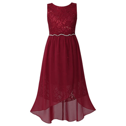 Girls Rhinestone Belt Floaty Dress (Age 4-14 Years) Burgundy