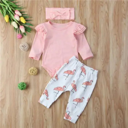 Baby Girls Bodysuit & Flamingo Trousers & Headband Set (Age 3m-24m)