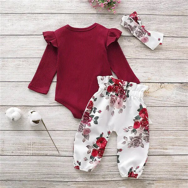 Baby Girls Burgundy Bodysuit & Trousers & Headband Set (Age 3m-24m)