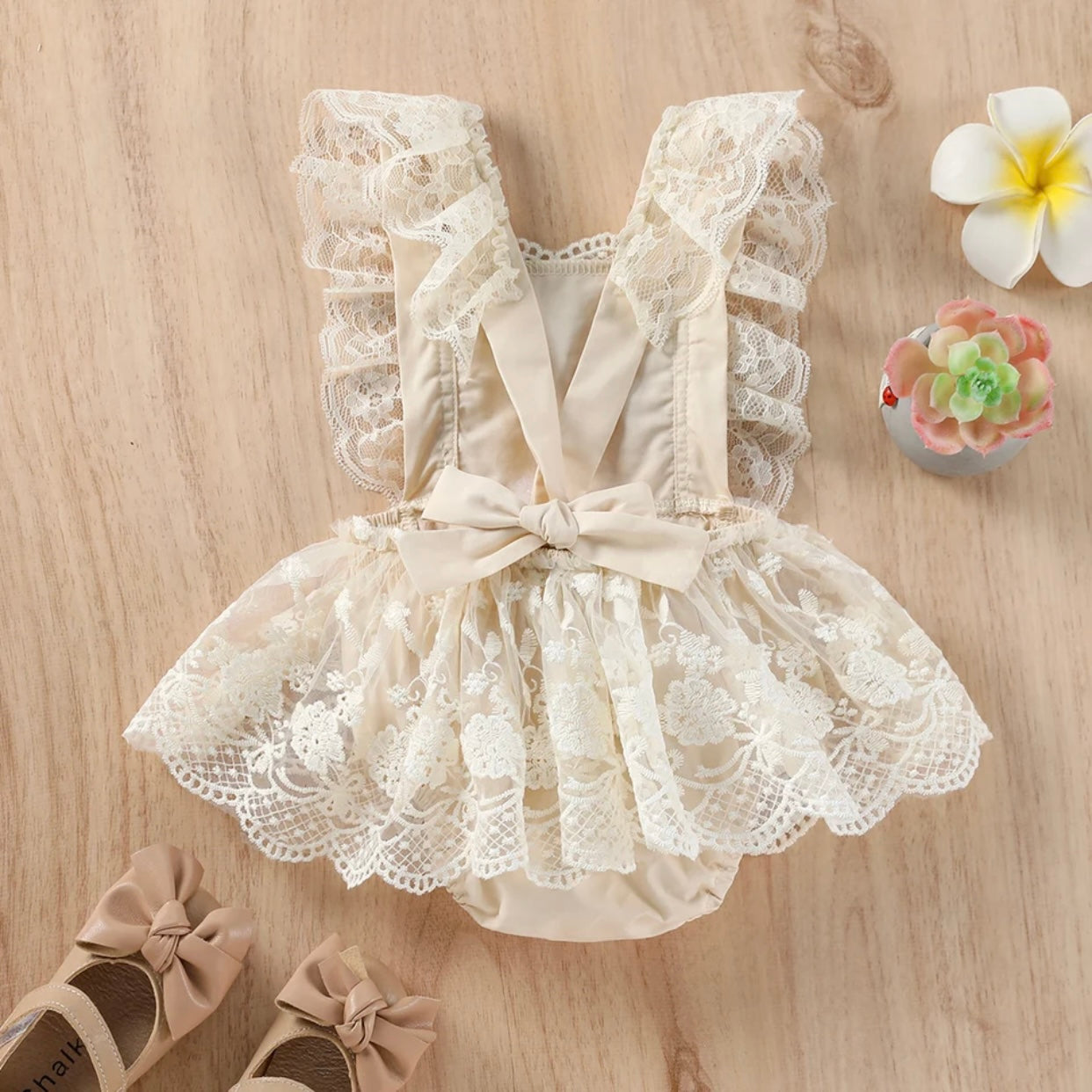 Baby Girls Beige Lace Ruffle Romper (Age 3M-24M)