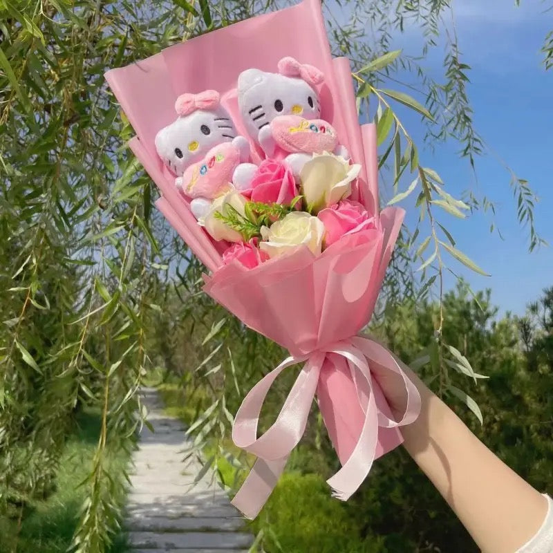 Miss Kitty Figurines Gift Flower Bouquet HotPink