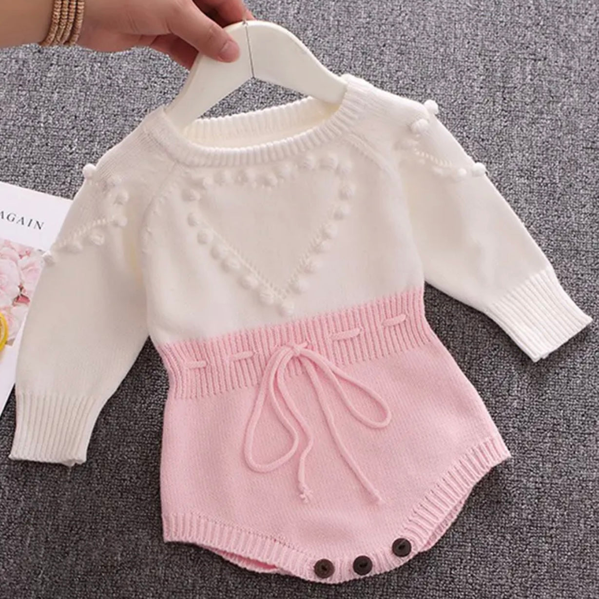 Baby Girls White & Pink Knitted Romper (Age 3M-24M)