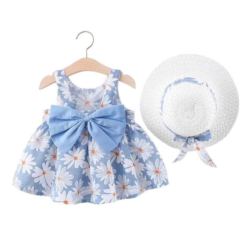 Girls Daisy Dress & Matching Hat (Age 9M - 3YRS) Blue