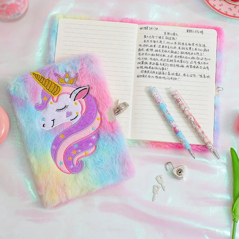 Kids Unicorn Notebook Plush Book With Lock Stationery Gift