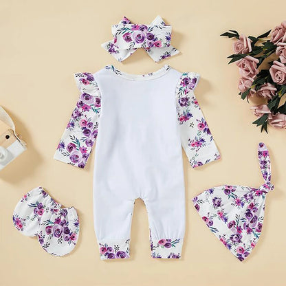 Baby Girls Floral Jumpsuit Hat & Mittens Set (Age Newborn-18M)