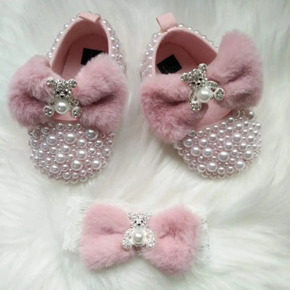 Baby Girls Pink Pearl & Rhinestone Embellished Shoes  (Age Newborn - 18M)