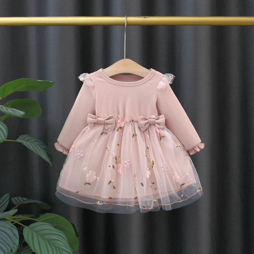 Baby Girls Long Sleeved Double Bow Flower Embroidery Mesh Dress (Age 3M-3YRS)