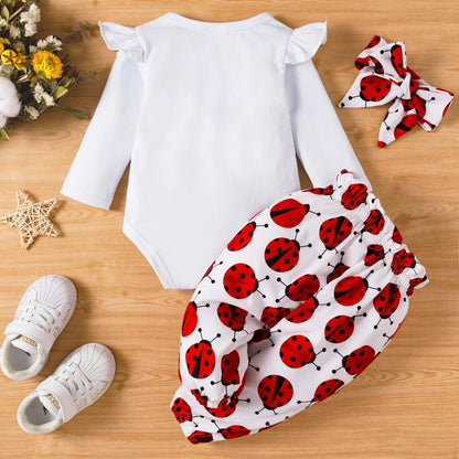 Baby Girl Cotton Ladybug Romper and Bowknot Trousers with Headband Set (Age Newborn-18M)