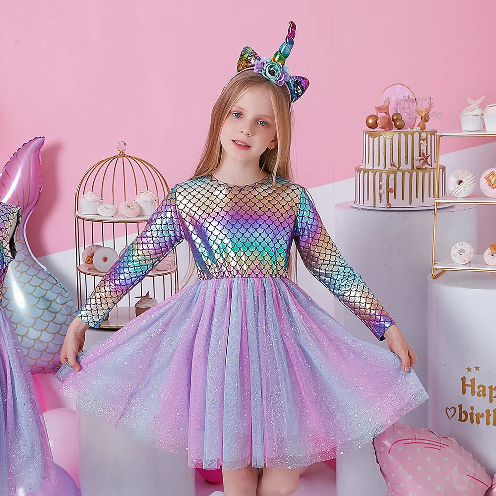 Girls Mermaid Print Long Sleeve Tulle Dress (Age 3-8YRS)