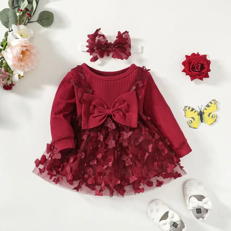 Baby Girls Burgundy Mesh Butterfly Dress (Age Newborn-24M)