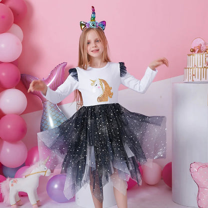 Girls Black & White Unicorn Layered Mesh Dress (Age 3-8YRS)