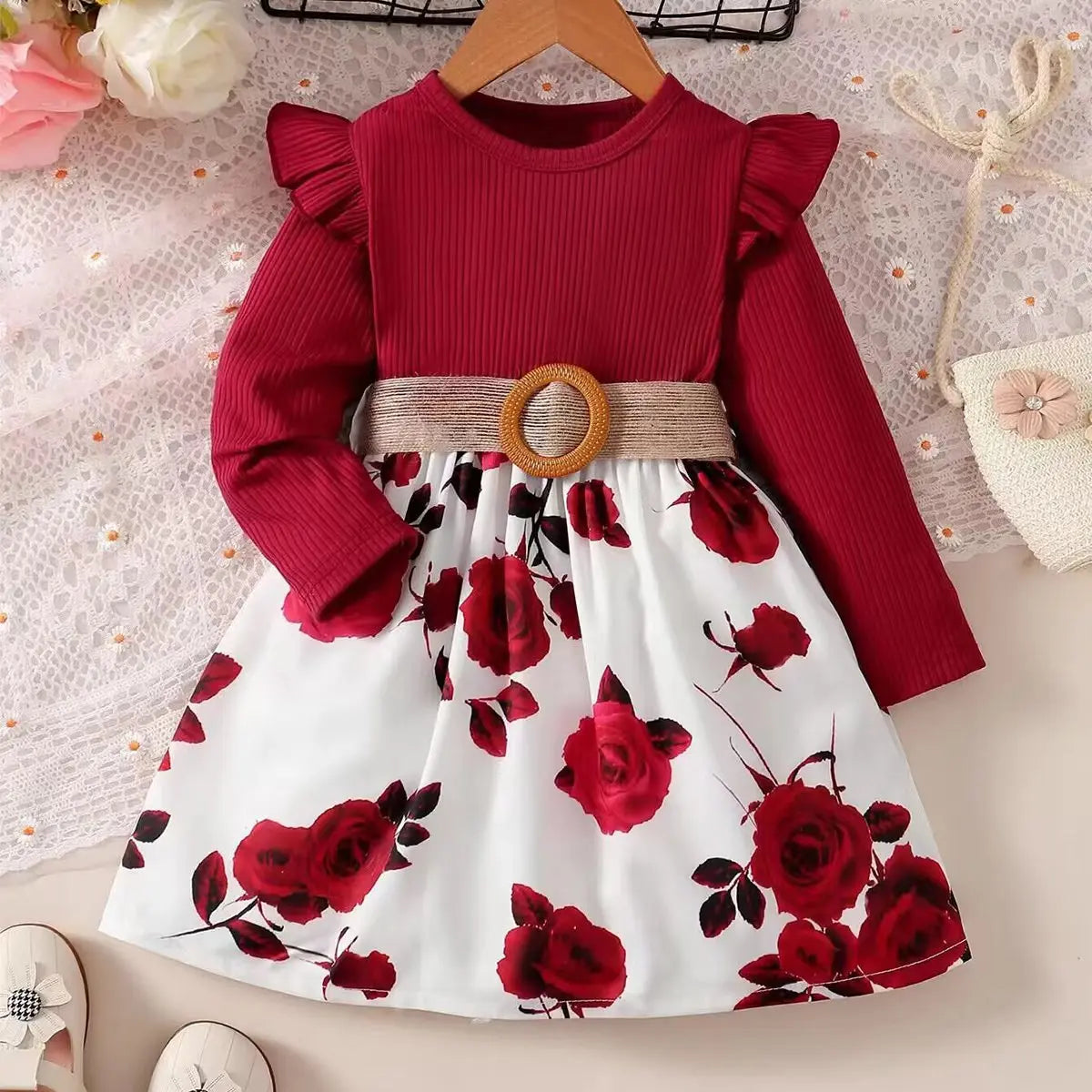 Girls Red Long Sleeve Flower Print Dress (Age 18M-7YRS)