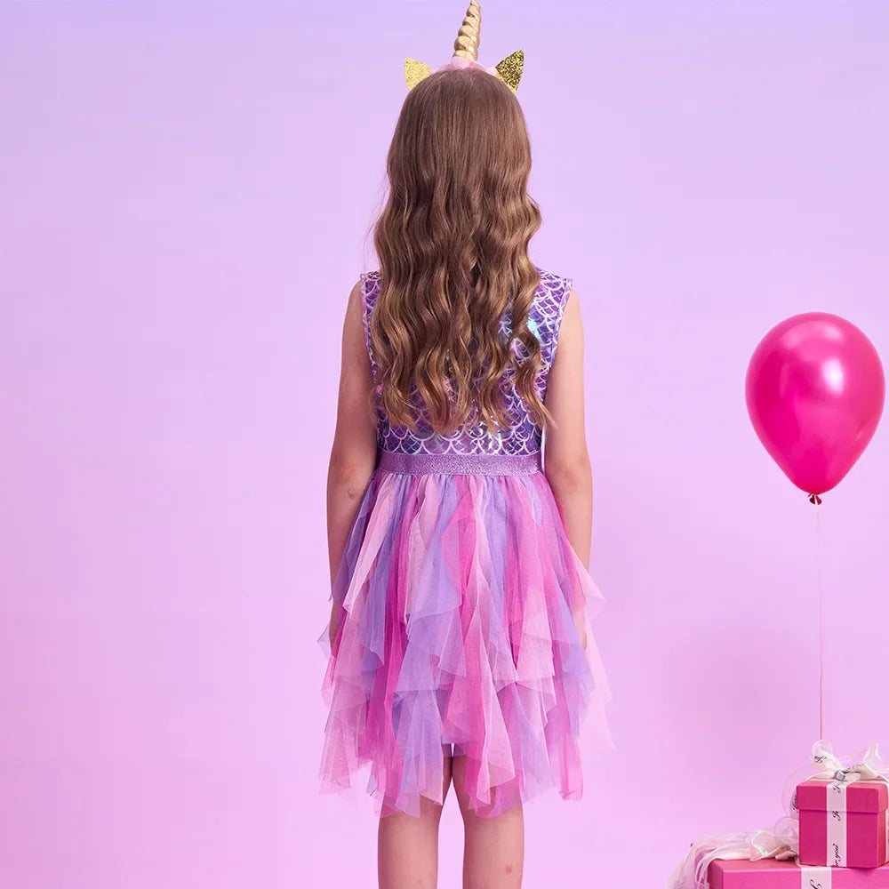 Girls Pink Mermaid Print Ruffle Tulle Dress (Age 3-12YRS)