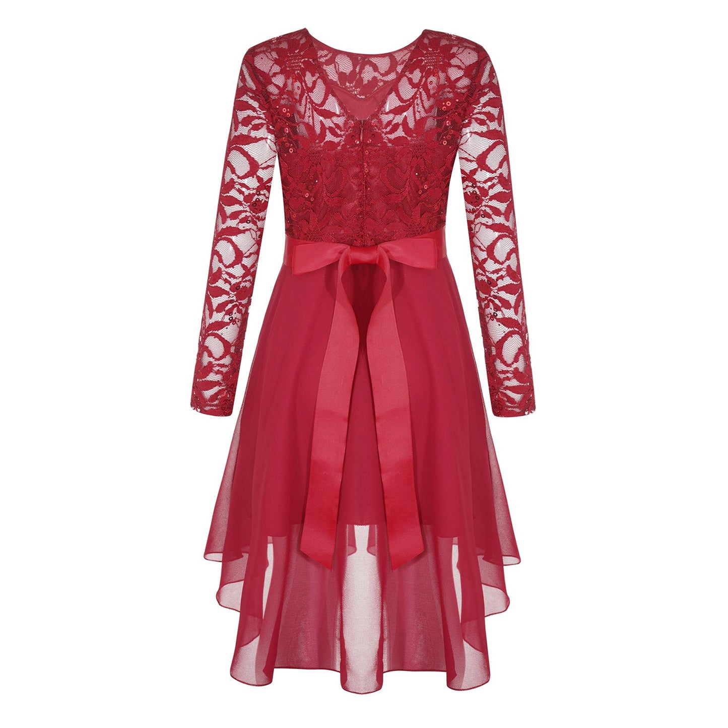 Girls Lace Chiffon Long Sleeve High-Rhinestone Sash Dress (Age 6-16 YRS)