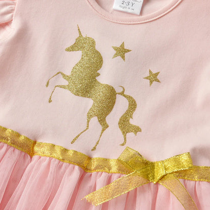 Girls Pink & Gold Unicorn Dress (Age 3-8YRS)