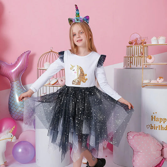 Girls Black & White Unicorn Layered Mesh Dress (Age 3-8YRS)